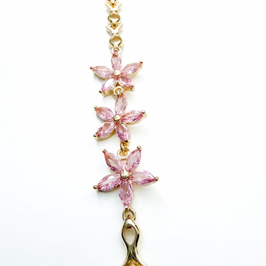 14k Gold Plated Artificial Gemstone Bracelet with 3 Pink Flower Cubic Zirconia Accents - Séfan Jewelry