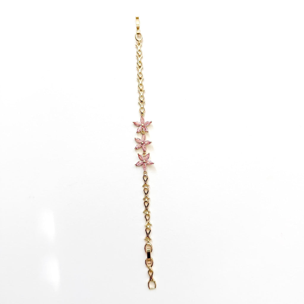 14k Gold Plated Artificial Gemstone Bracelet with 3 Pink Flower Cubic Zirconia Accents - Séfan Jewelry