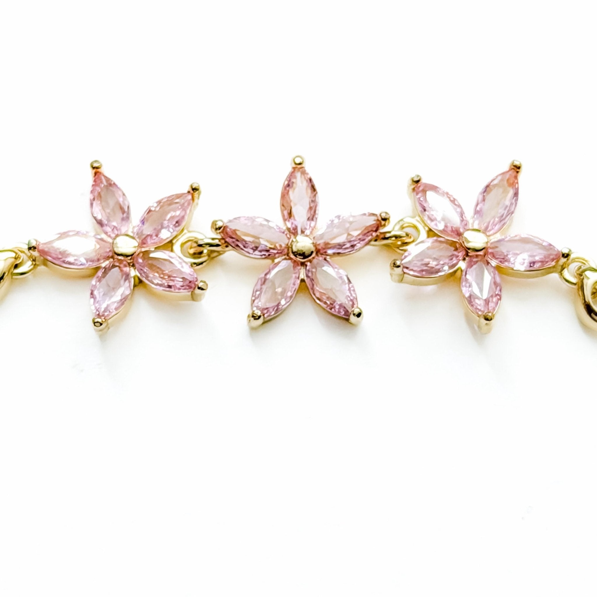 14k Gold Plated Artificial Gemstone Bracelet with 3 Pink Flower Cubic Zirconia Accents - Séfan Jewelry