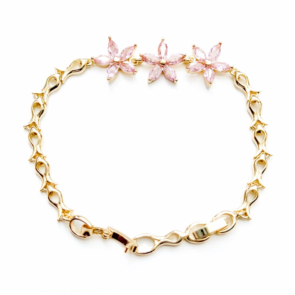 14k Gold Plated Artificial Gemstone Bracelet with 3 Pink Flower Cubic Zirconia Accents - Séfan Jewelry