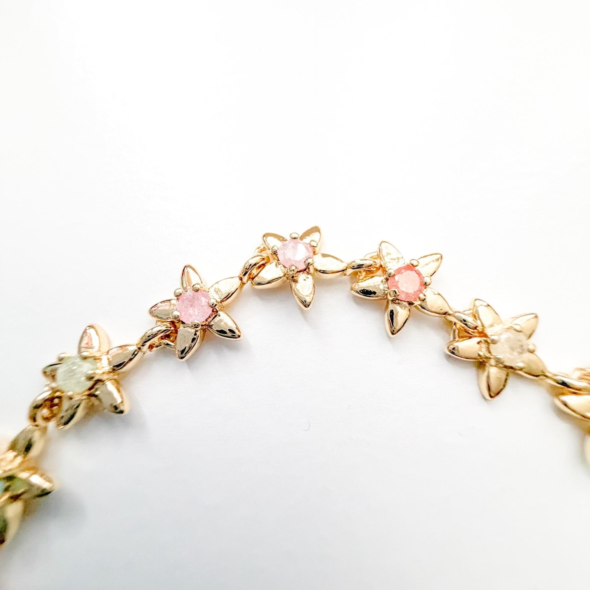 14k Gold Plated Candy Flower Bracelet With Cubic Zirconia, Adjustable 7 in - Séfan Jewelry