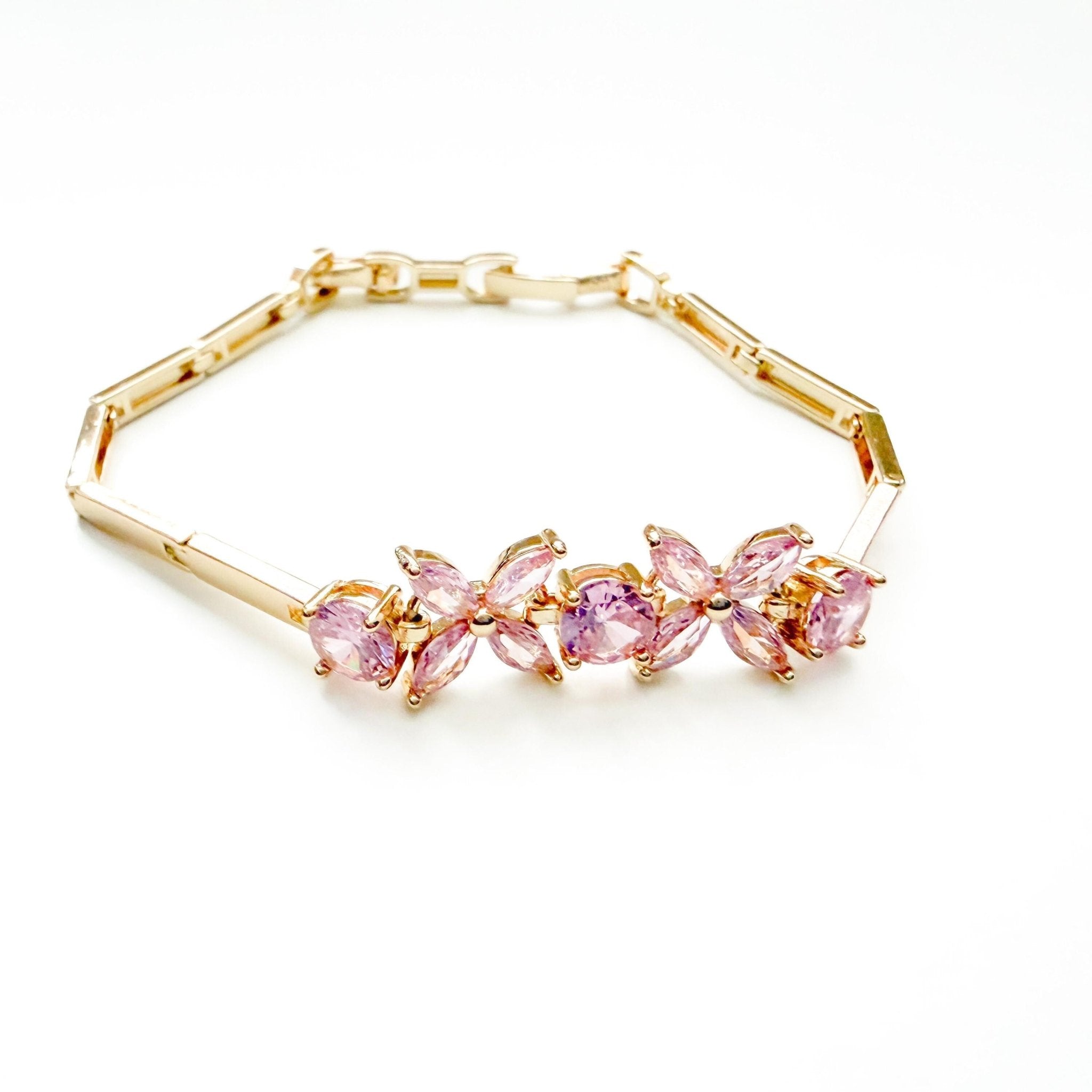 14k Gold Plated Pink Flower CZ Bracelet, Gift Ready for Jewelry Accessory Enthusiasts - Séfan Jewelry