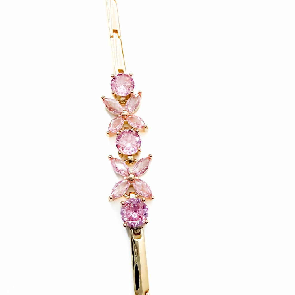 14k Gold Plated Pink Flower CZ Bracelet, Gift Ready for Jewelry Accessory Enthusiasts - Séfan Jewelry