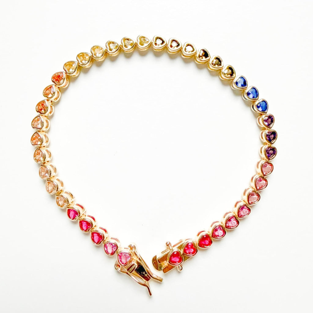 14k Gold Plated Tennis Bracelet Multicolor Heart AAA CZ Prong Set 7in - Séfan Jewelry