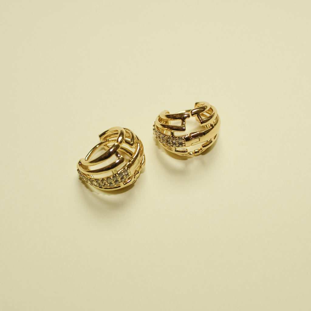 Wide Pavé CZ Huggie Hoop Earrings 14K Gold — pair angled alternate view