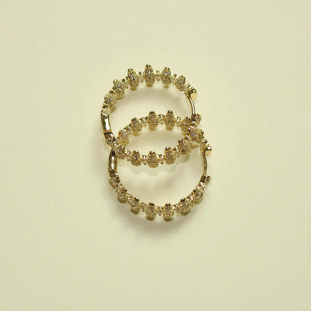 Pavé CZ Spike Hoop Earrings 14K Gold — pair side-by-side flat lay