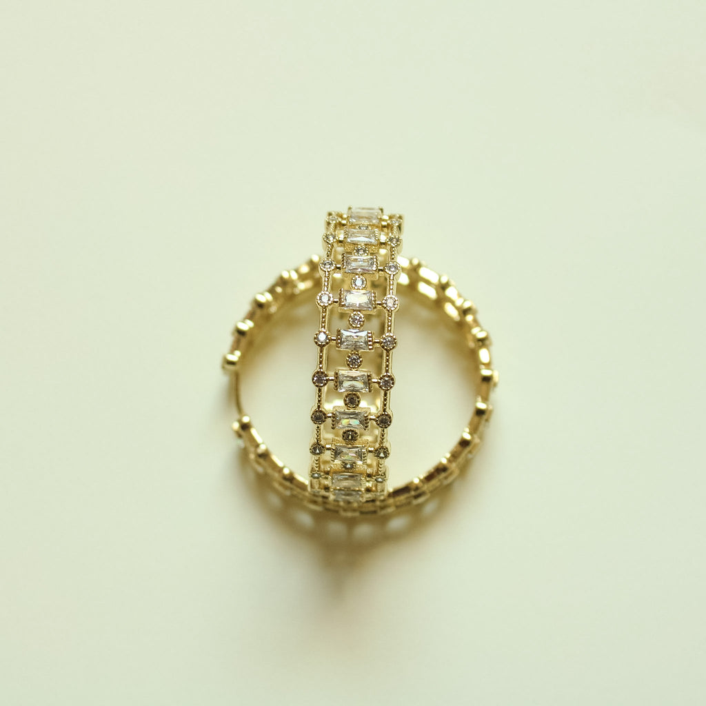 Mixed Cut CZ Inside-Out Hoop Earrings Gold — pair stacked vertical stone detail