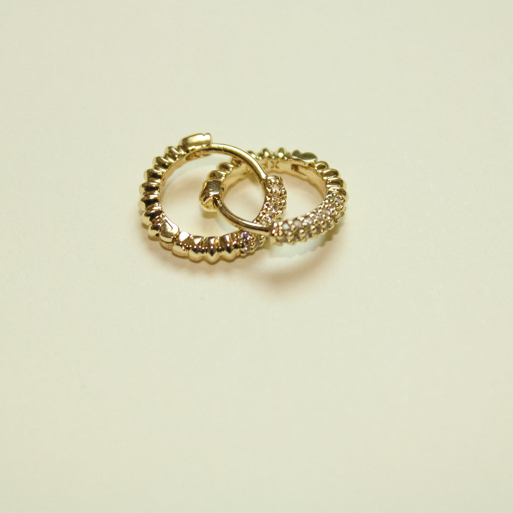 Dainty Pavé CZ Huggie Hoop Earrings Gold — pair stacked side view showing depth