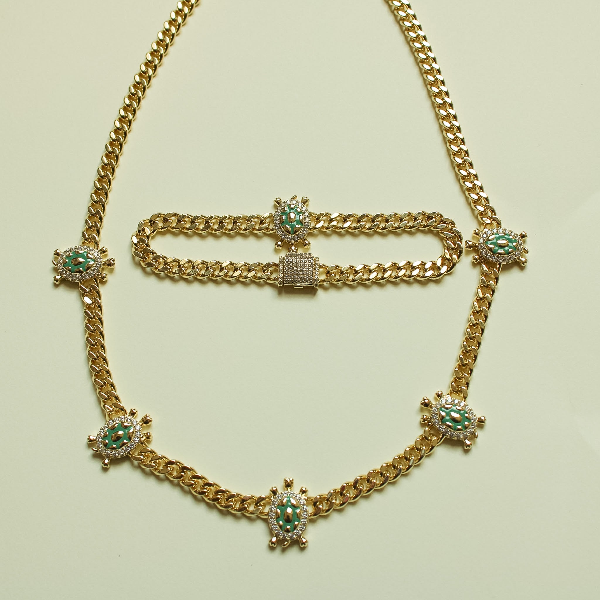 Turtle Charm Cuban Chain Necklace & Bracelet Set Gold — full set flat lay alternate angle