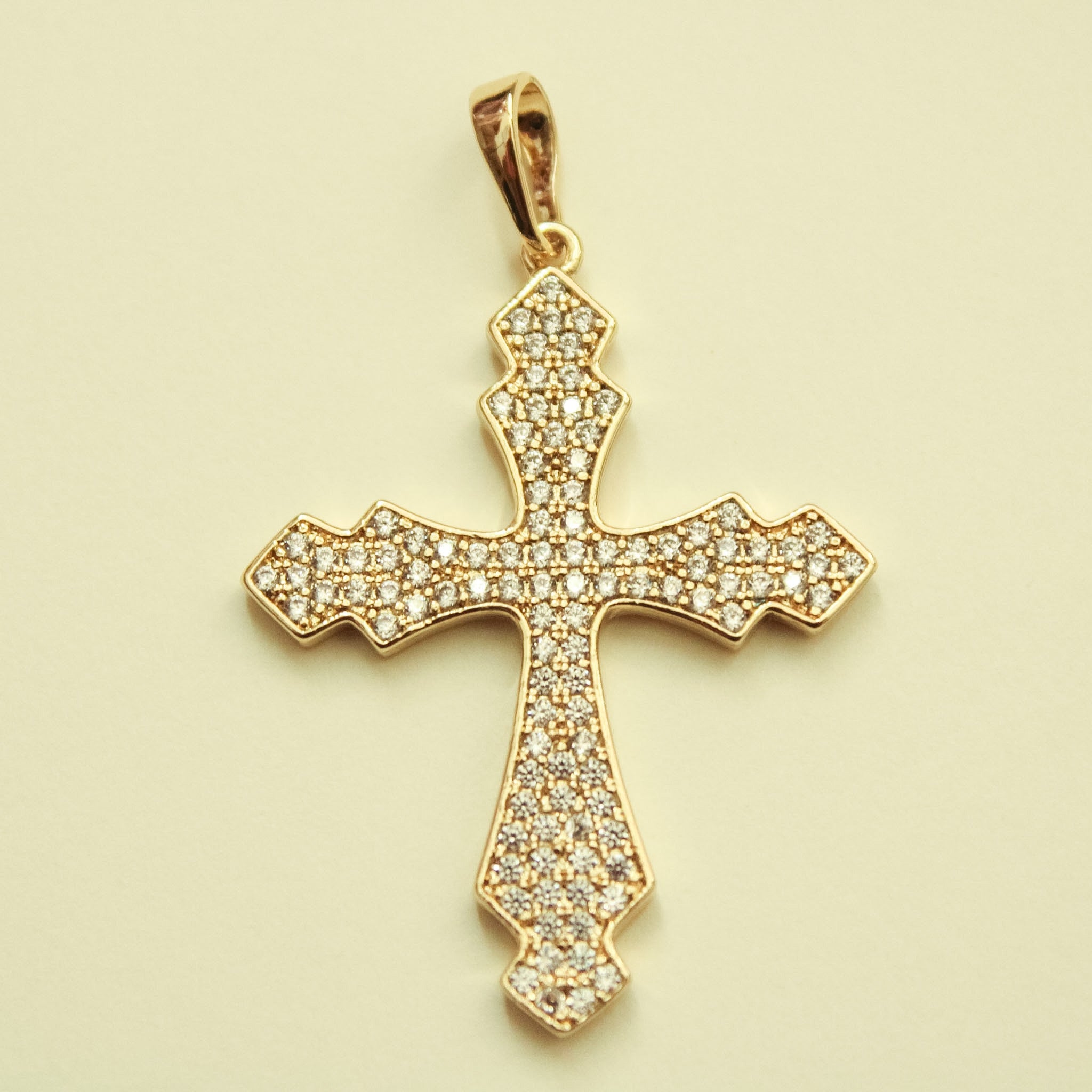 Ornate Pavé CZ Cross Charm 14K Gold — close-up showing micro pavé CZ detail and fleur-de-lis tips