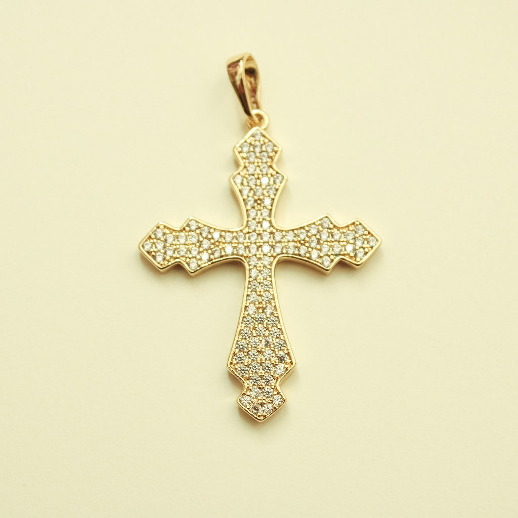 Ornate Pavé CZ Cross Charm 14K Gold — angled view showing depth and bail