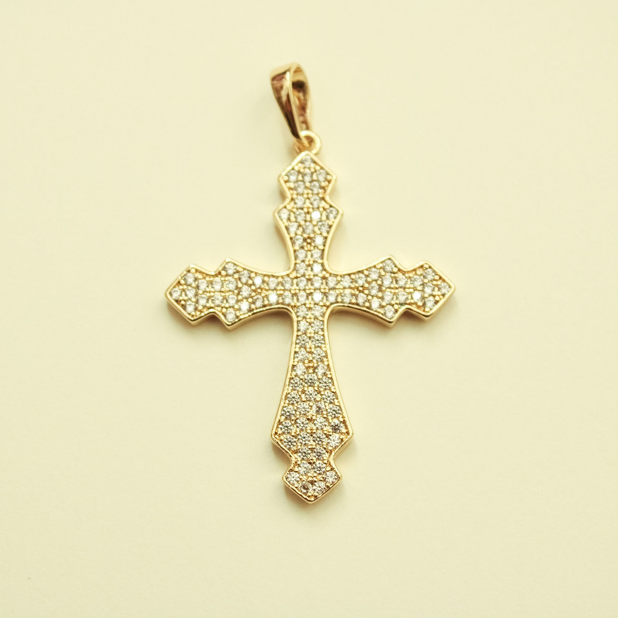 Ornate Pavé CZ Cross Charm 14K Gold — angled view showing depth and bail