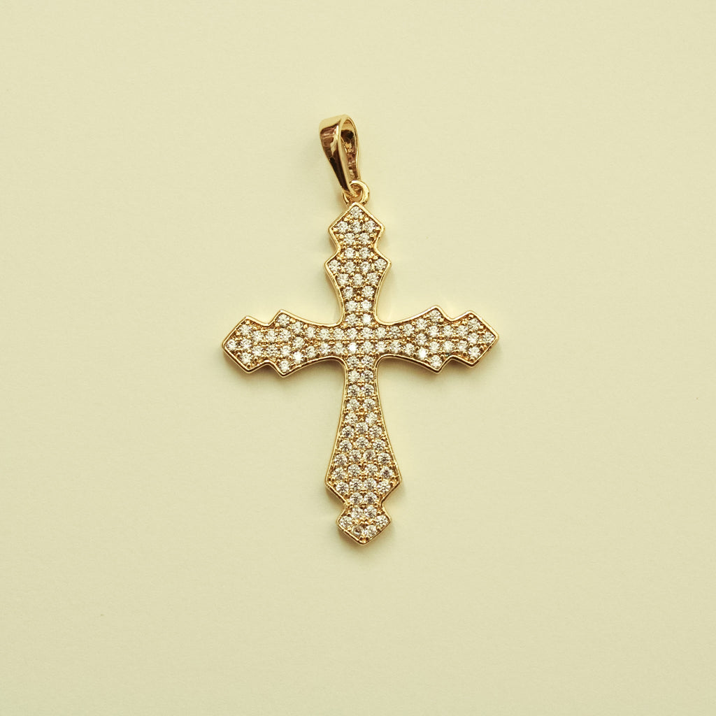 Ornate Pavé CZ Cross Charm 14K Gold — front face full view showing CZ coverage