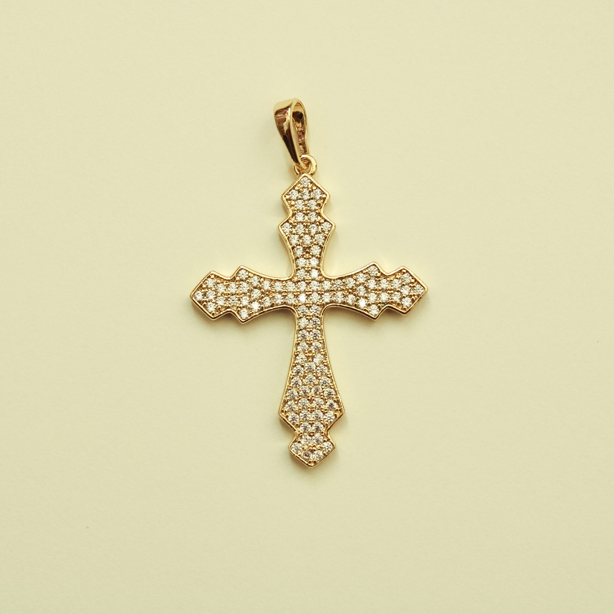 Ornate Pavé CZ Cross Charm 14K Gold — front face full view showing CZ coverage