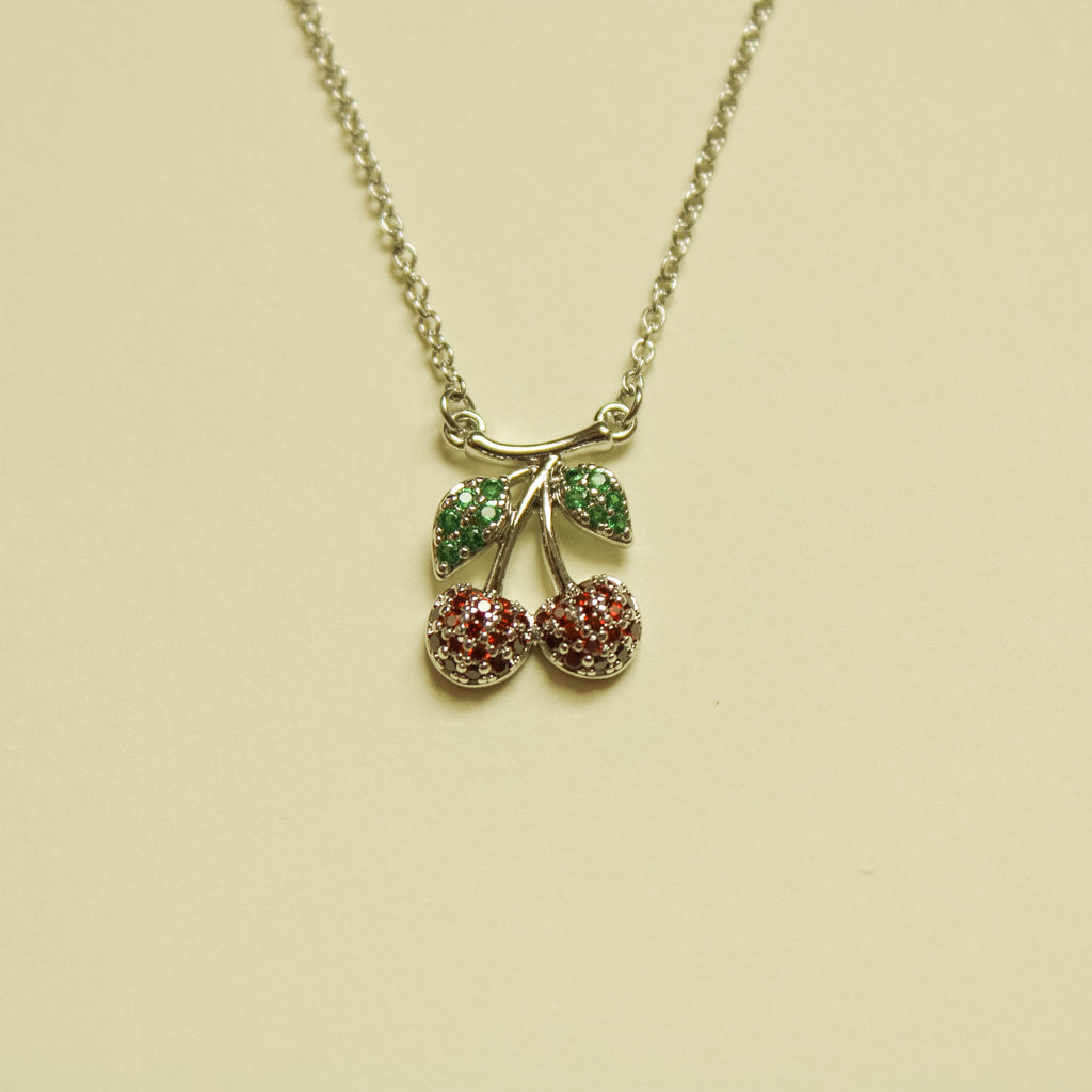 Pavé CZ Cherry Pendant Necklace Silver — pendant close-up angled view showing CZ stones