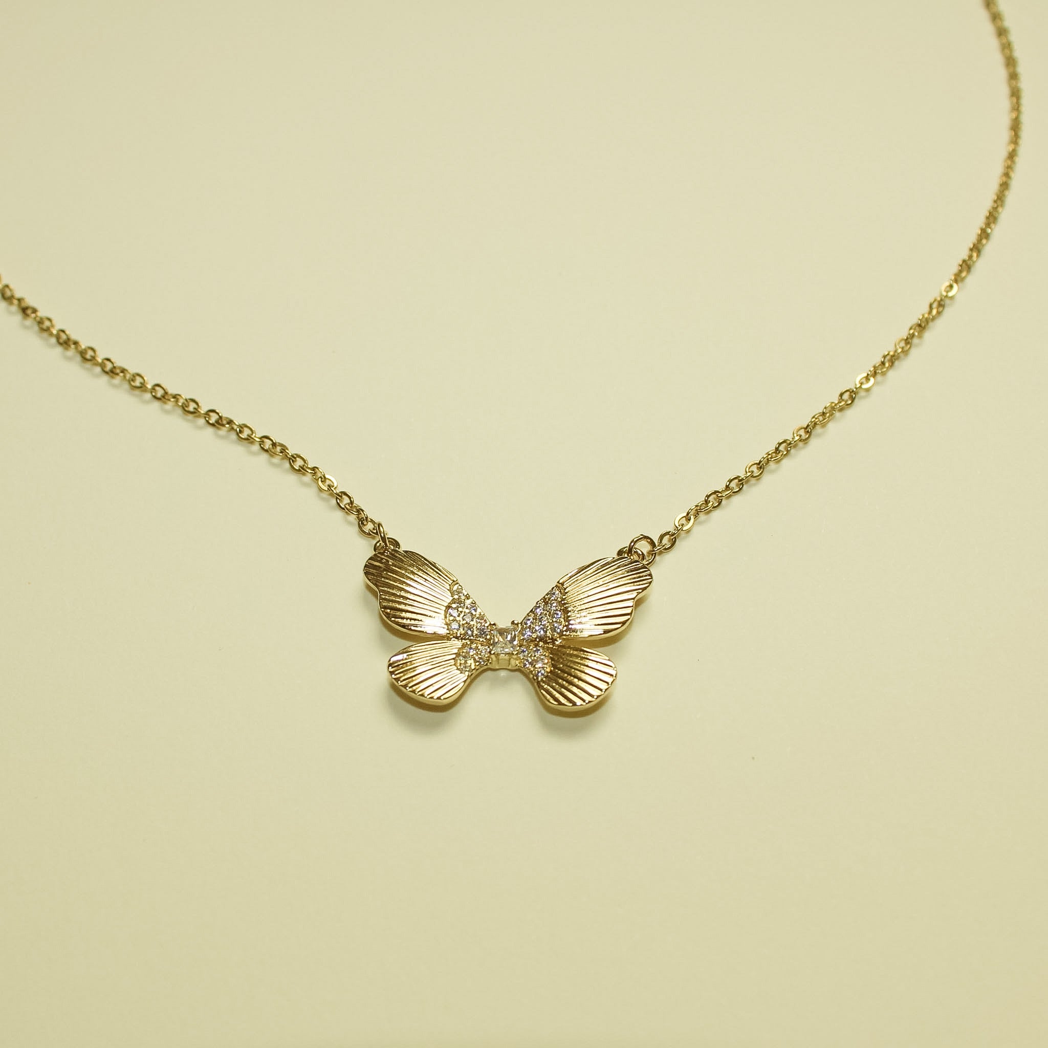 Fluted Butterfly CZ Necklace 14K Gold — full necklace close-up pendant and chain