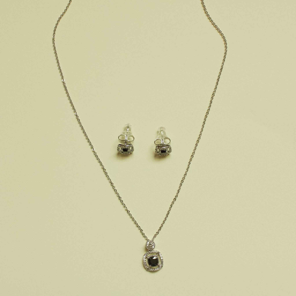 Black CZ Halo Pendant Necklace & Earring Set