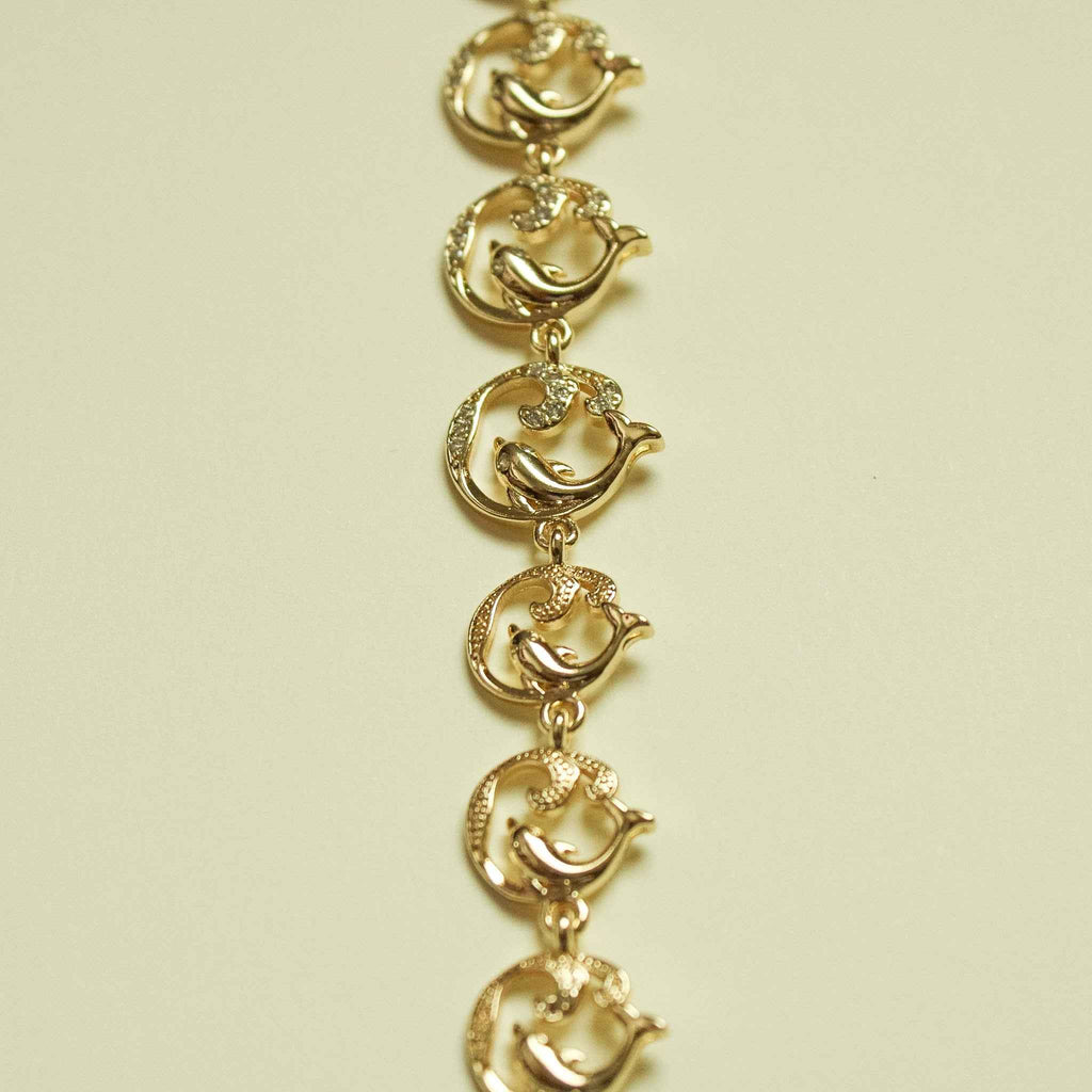 Pavé CZ Dolphin Link Bracelet — 14K Gold Plated