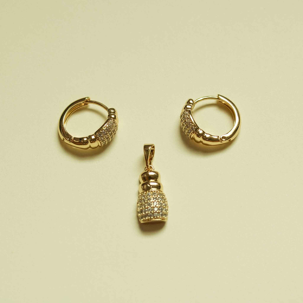 CZ Bottle Charm & Huggie Earring Set — 14K Gold Plated