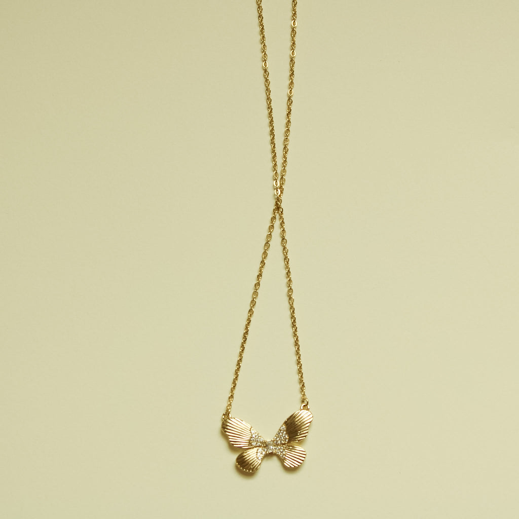 Fluted Butterfly CZ Necklace 14K Gold — full necklace long chain flat lay