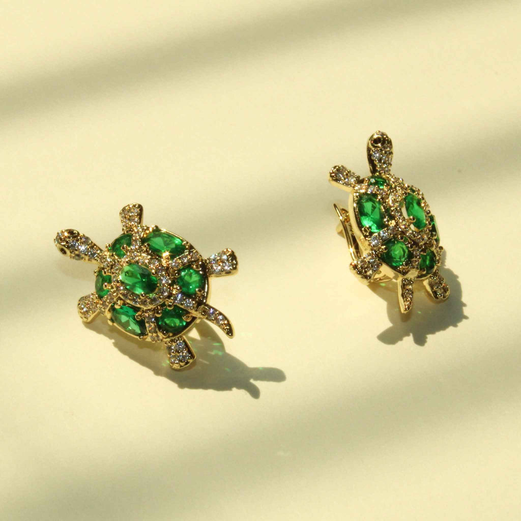 Emerald Green CZ Turtle Stud Earrings — 14K Gold Plated