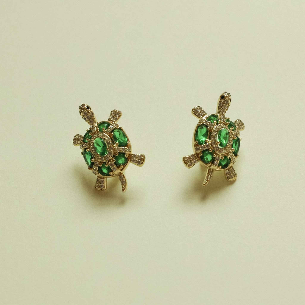 Emerald Green CZ Turtle Stud Earrings — 14K Gold Plated