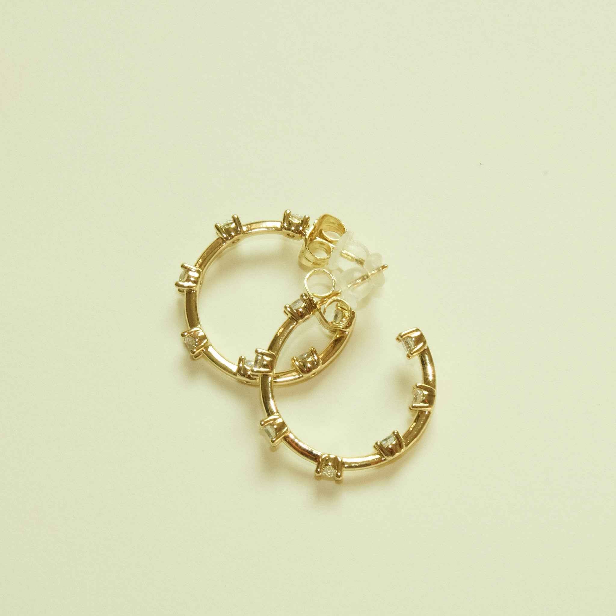 Round CZ Station Open Hoop Earrings — 14K Gold