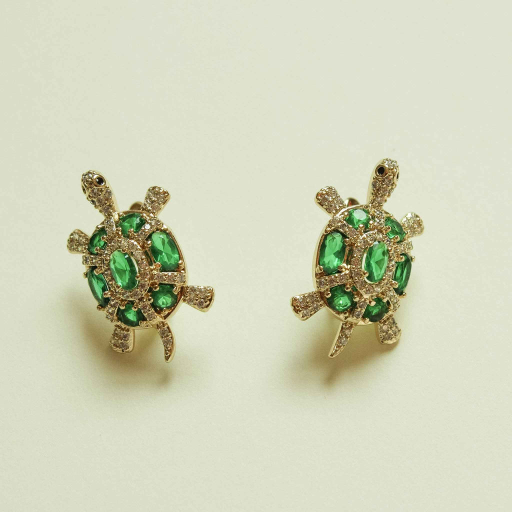 Emerald Green CZ Turtle Stud Earrings — 14K Gold Plated