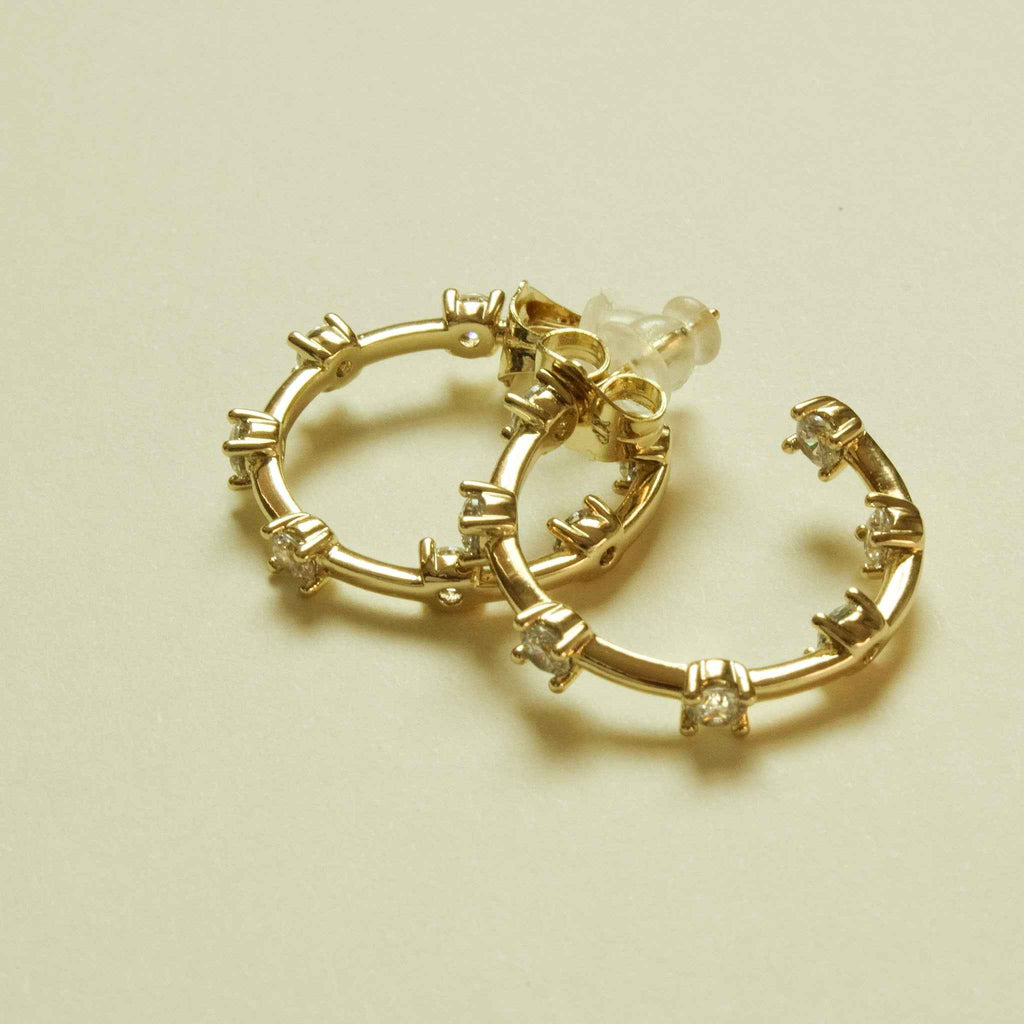 Round CZ Station Open Hoop Earrings — 14K Gold