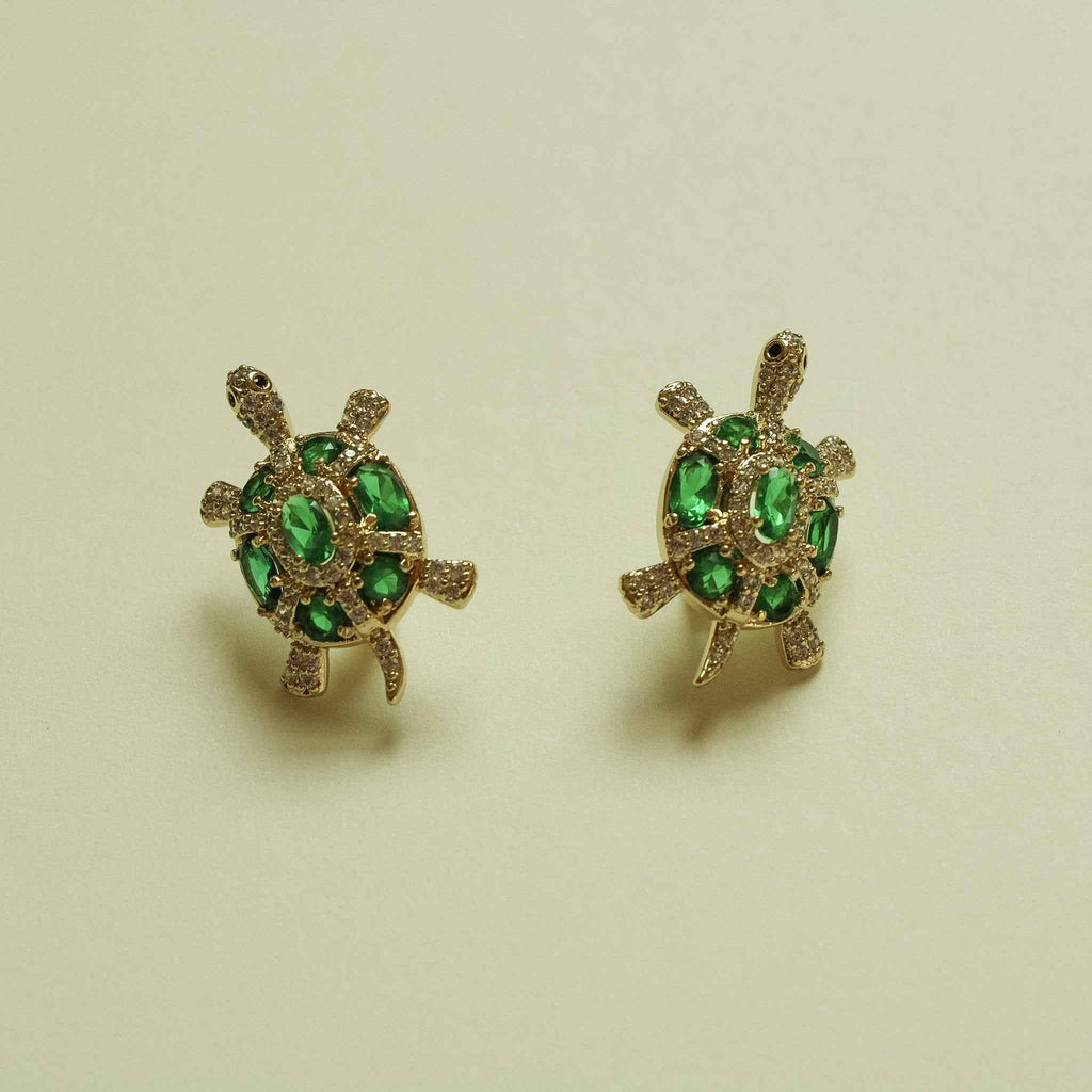 Emerald Green CZ Turtle Stud Earrings — 14K Gold Plated