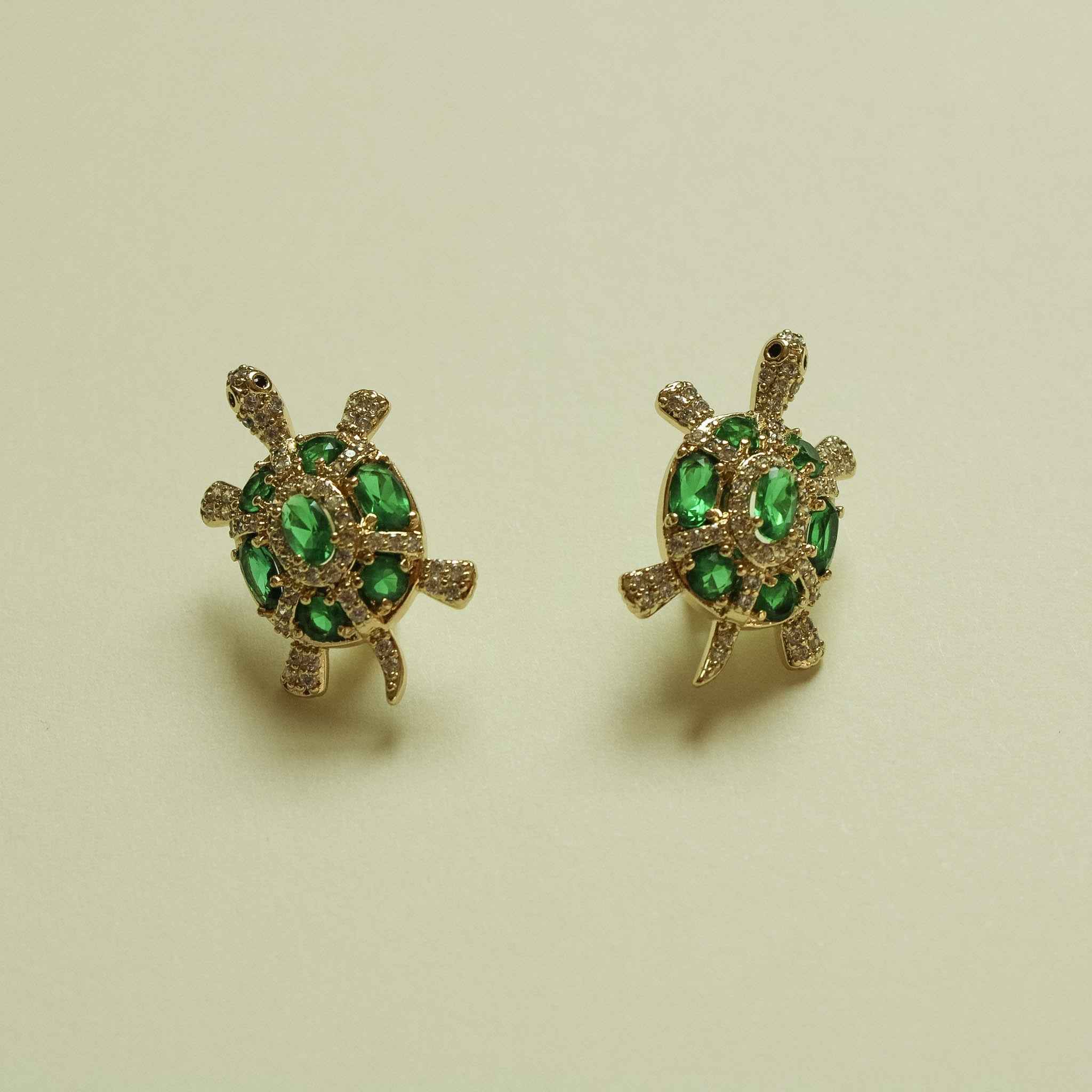 Emerald Green CZ Turtle Stud Earrings — 14K Gold Plated