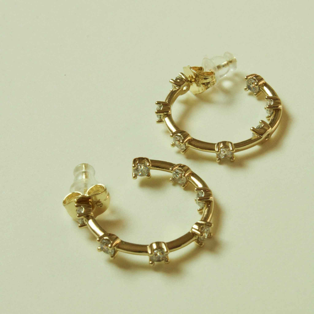 Round CZ Station Open Hoop Earrings — 14K Gold