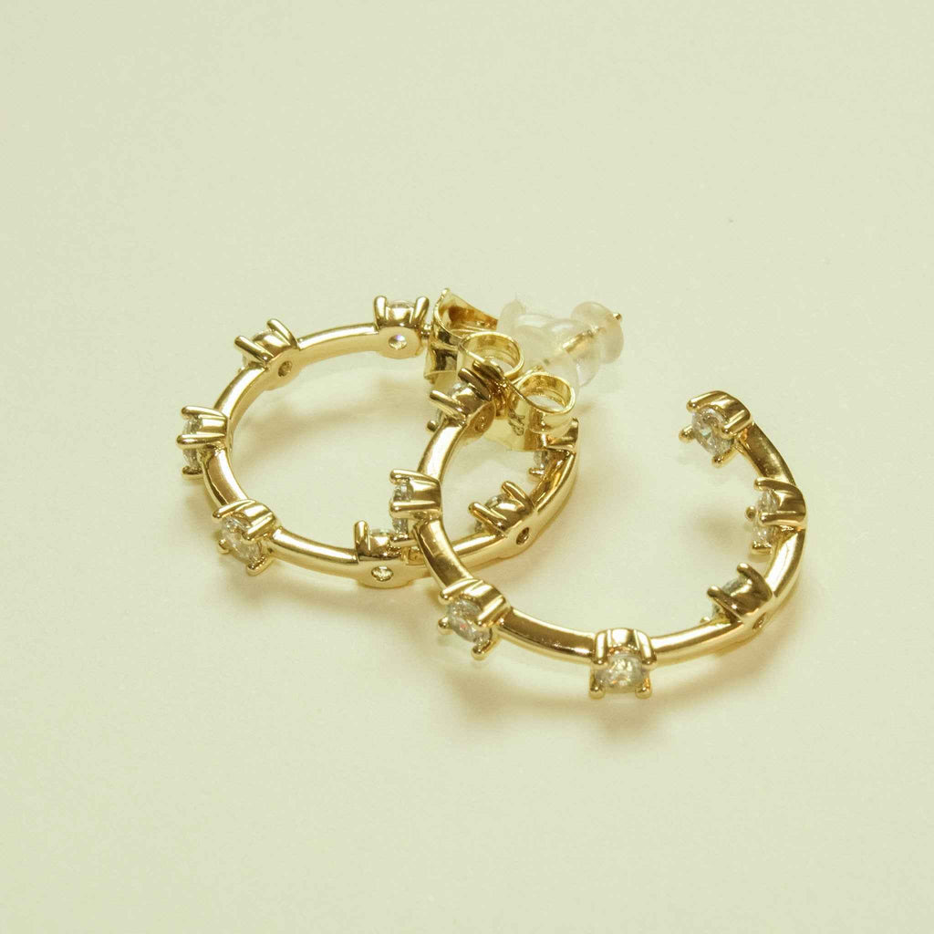 Round CZ Station Open Hoop Earrings — 14K Gold