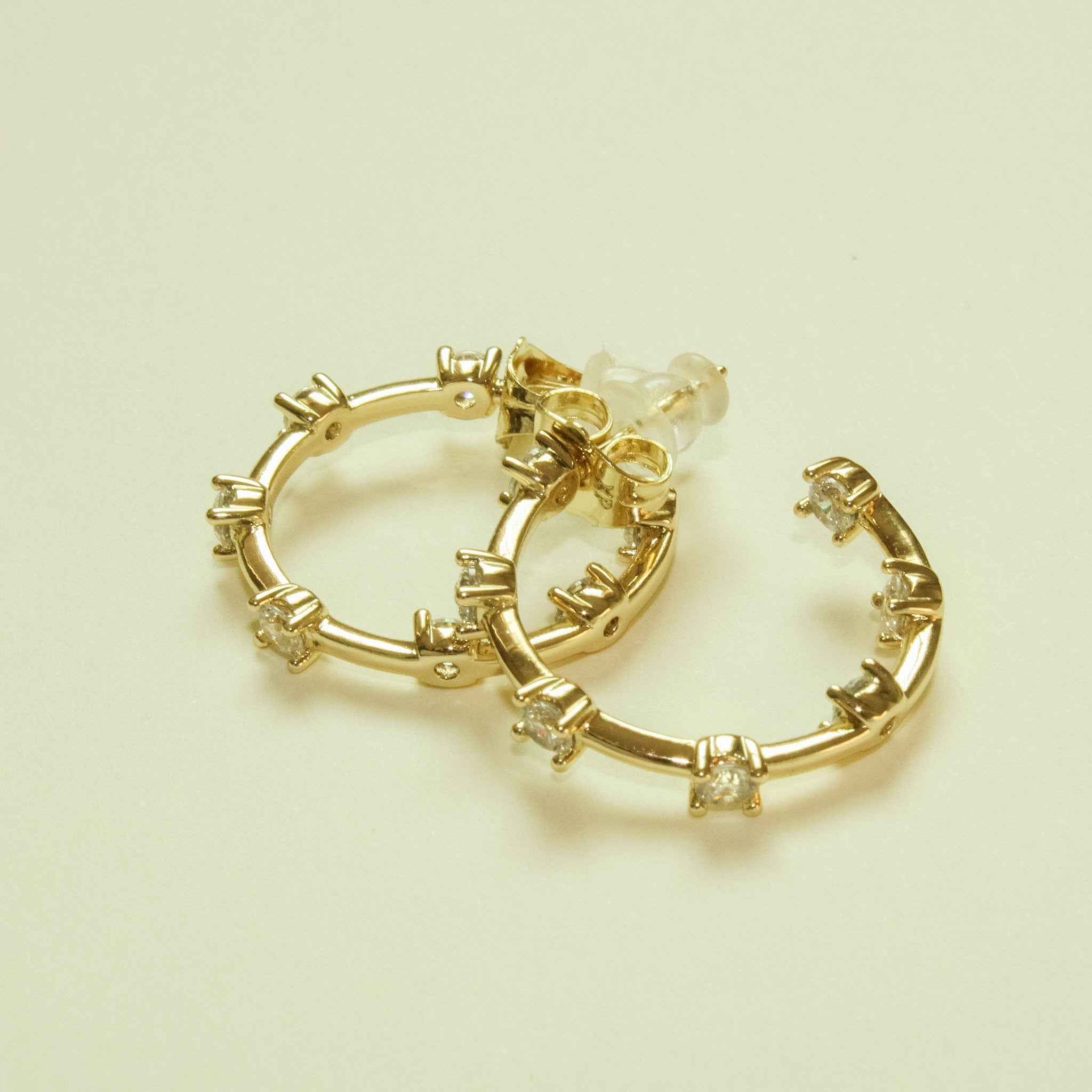 Round CZ Station Open Hoop Earrings — 14K Gold