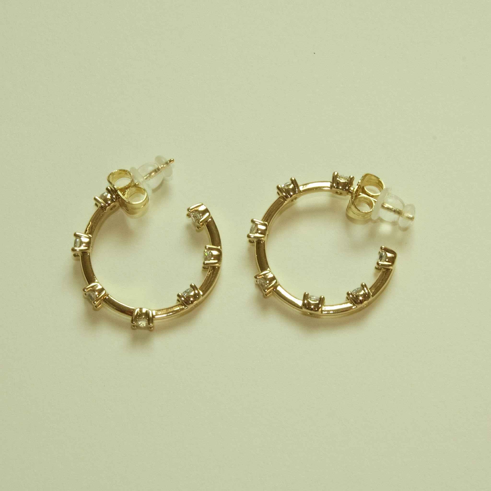 Round CZ Station Open Hoop Earrings — 14K Gold