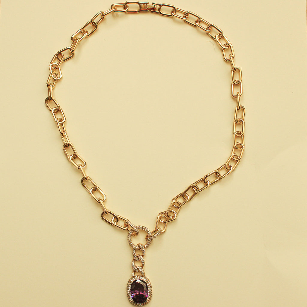 Amethyst Pendant Paperclip Chain Necklace — Gold