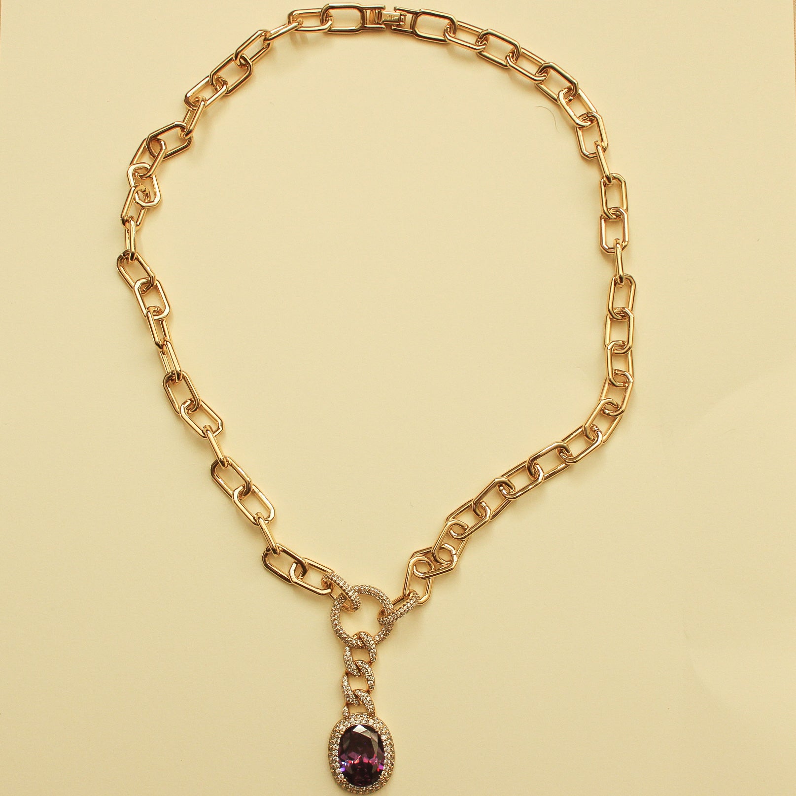 Amethyst Pendant Paperclip Chain Necklace — Gold