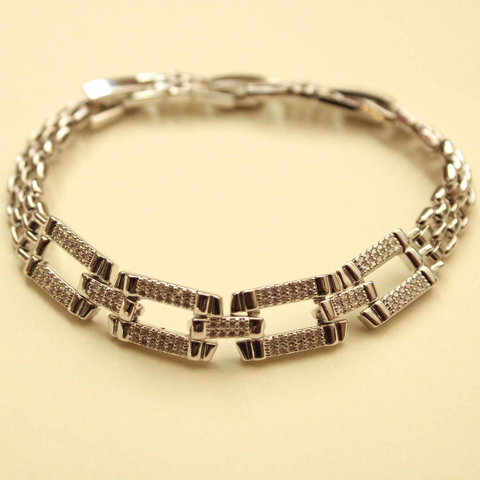 Open Rectangle Pavé CZ Bracelet — Silver
