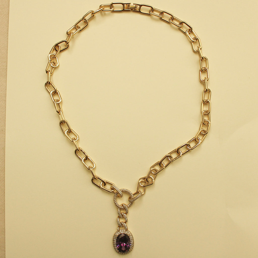 Amethyst Pendant Paperclip Chain Necklace — Gold