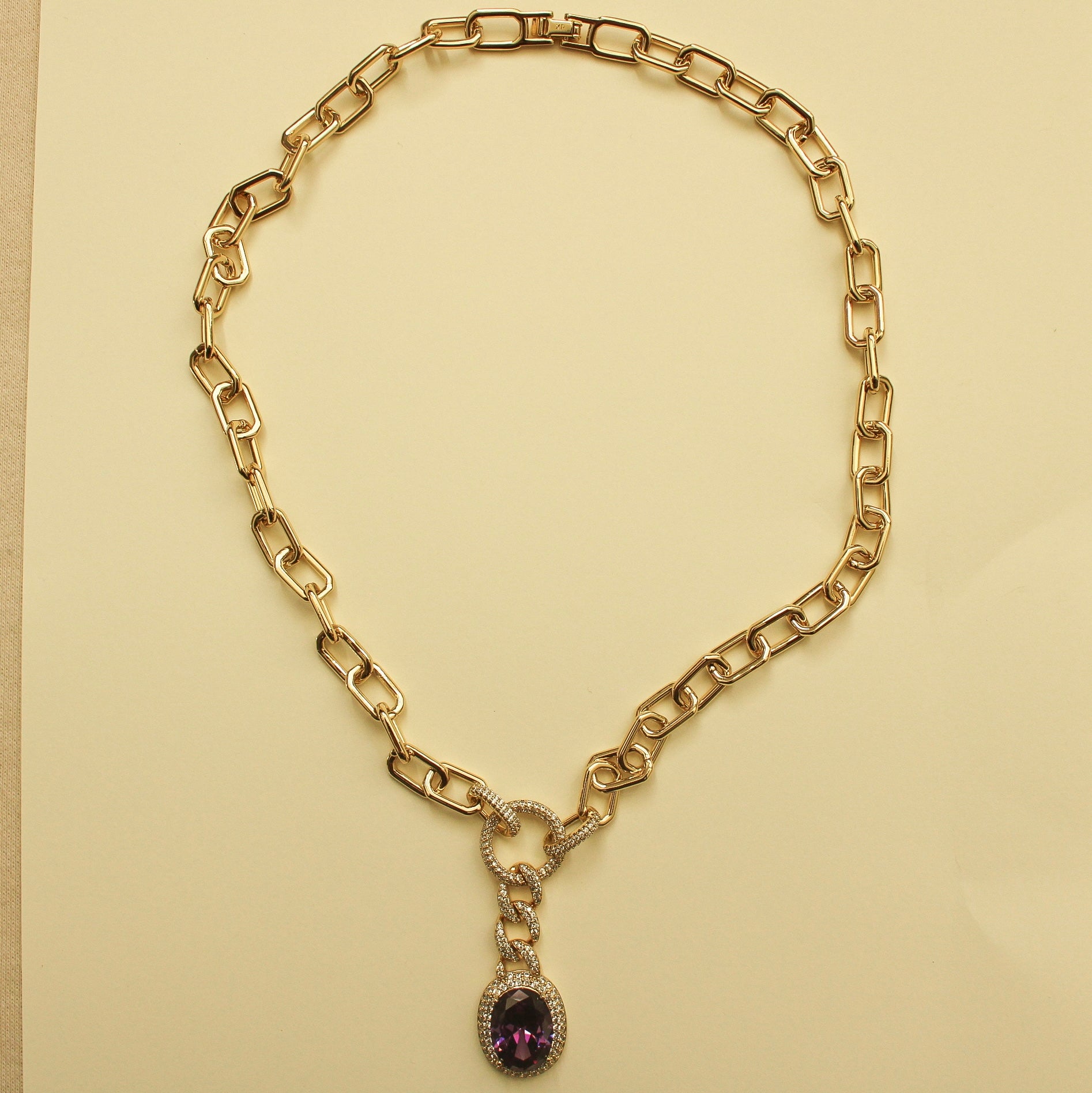 Amethyst Pendant Paperclip Chain Necklace — Gold