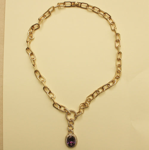 Amethyst Pendant Paperclip Chain Necklace — Gold
