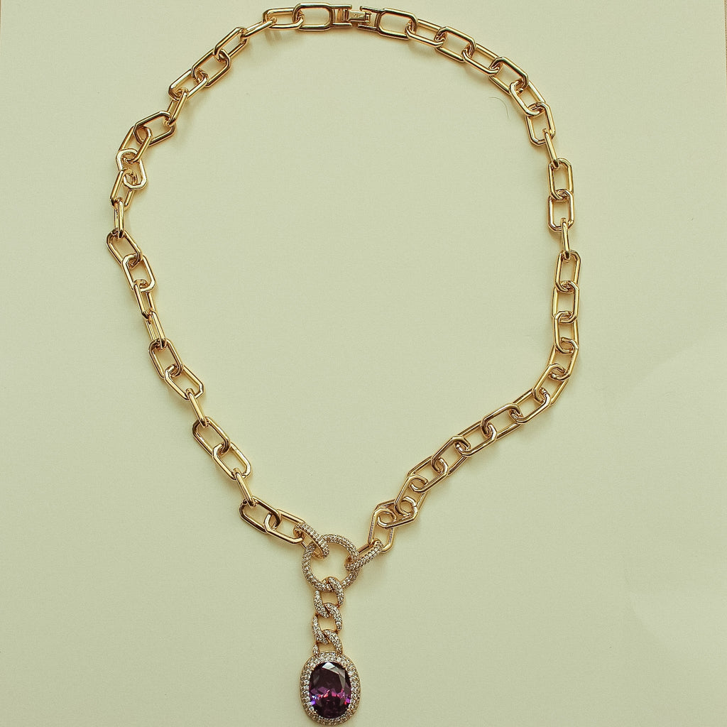 Gold paperclip chain necklace with amethyst-style purple gemstone drop pendant