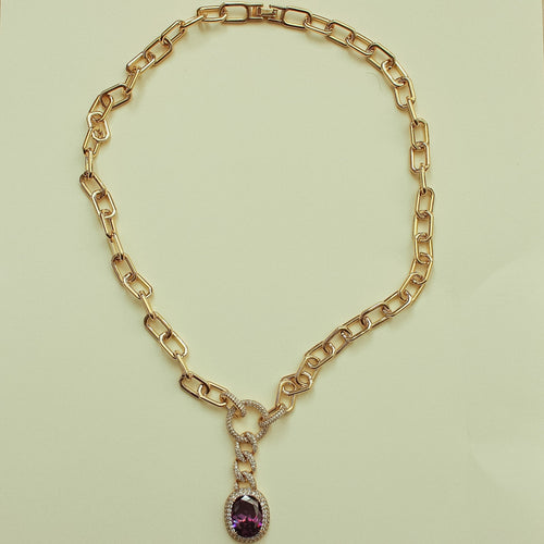 Gold paperclip chain necklace with amethyst-style purple gemstone drop pendant
