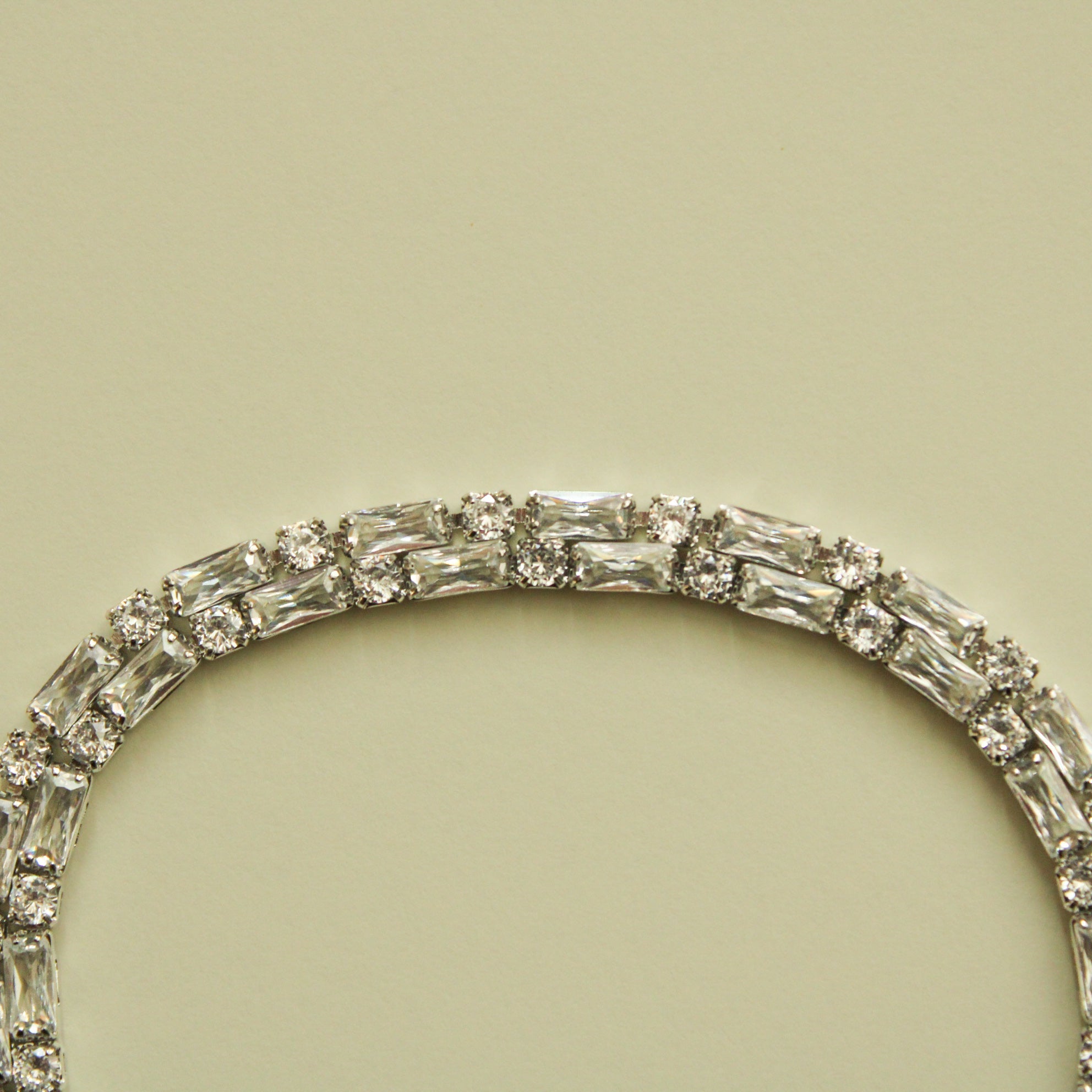 Double-row tennis bracelet with clear baguette and round CZ stones, silver-tone