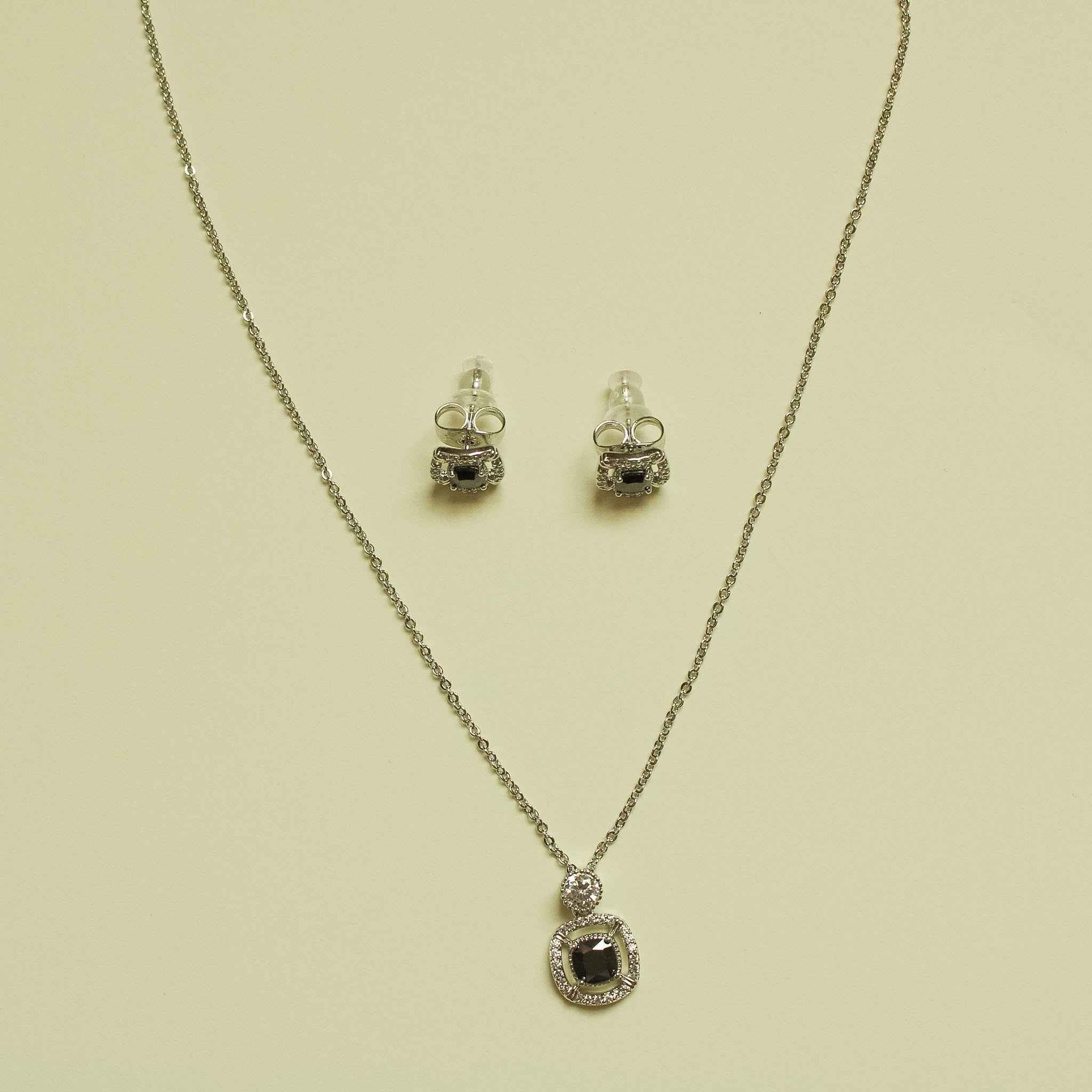 CZ halo pendant necklace set with round black center pendant and matching stud earrings