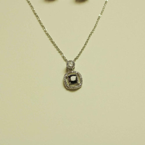 Black CZ halo pendant necklace with round pendant and thin chain