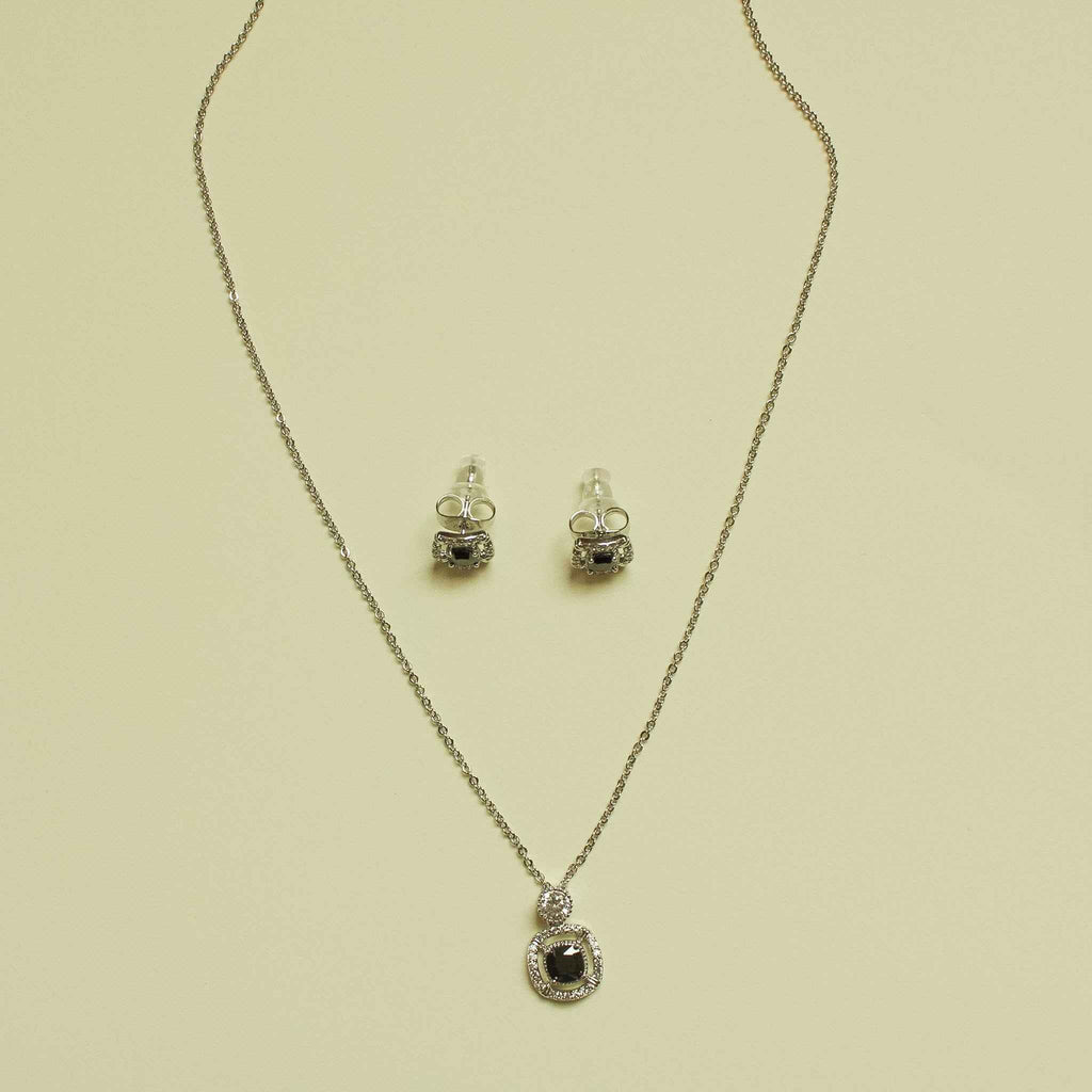 CZ halo pendant necklace set with round black center pendant and two stud earrings