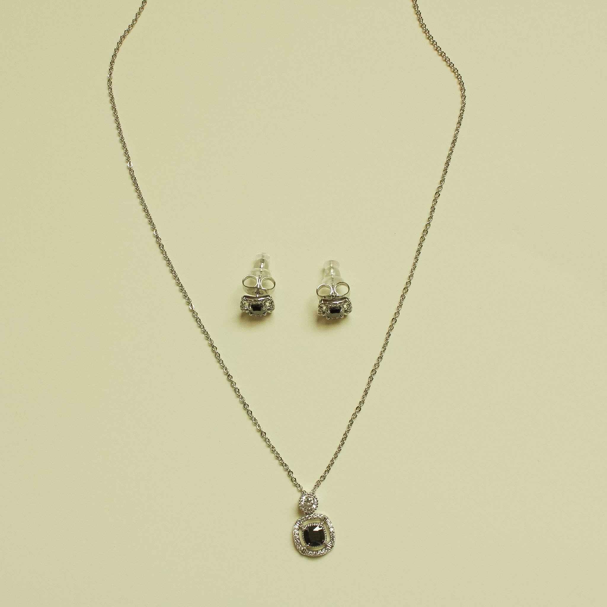 CZ halo pendant necklace set with round black center pendant and two stud earrings