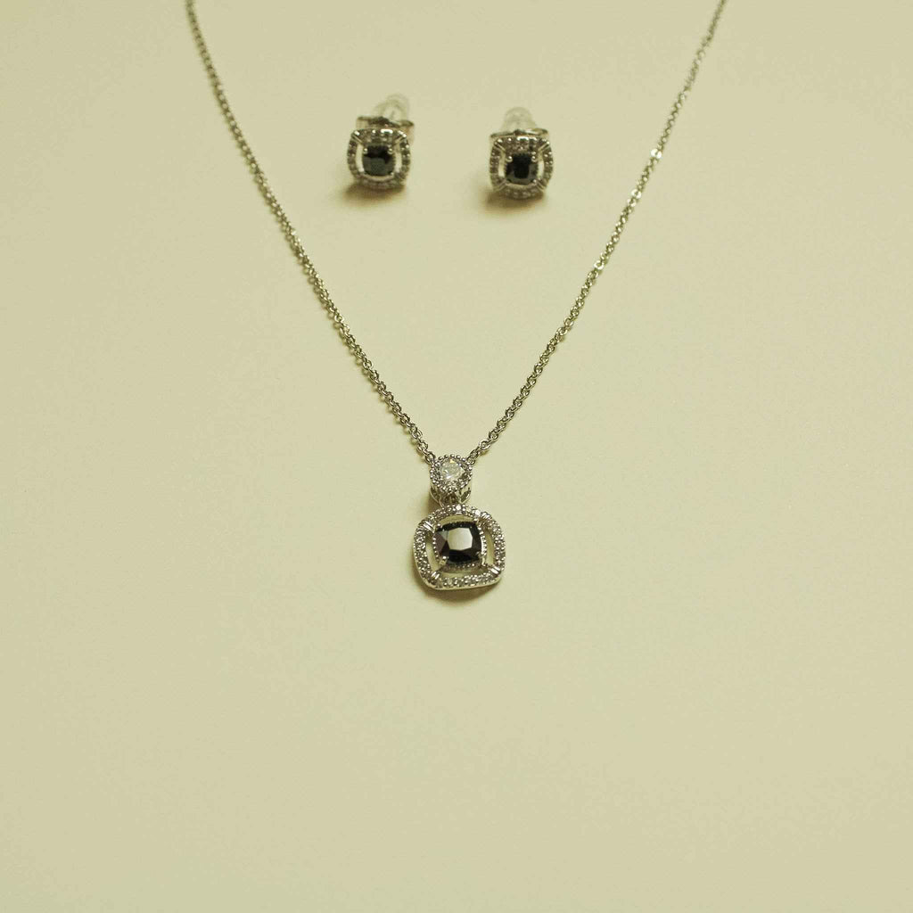 CZ halo pendant necklace and stud earrings with black center round halo design