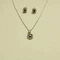 CZ halo pendant necklace and stud earrings with black center round halo design